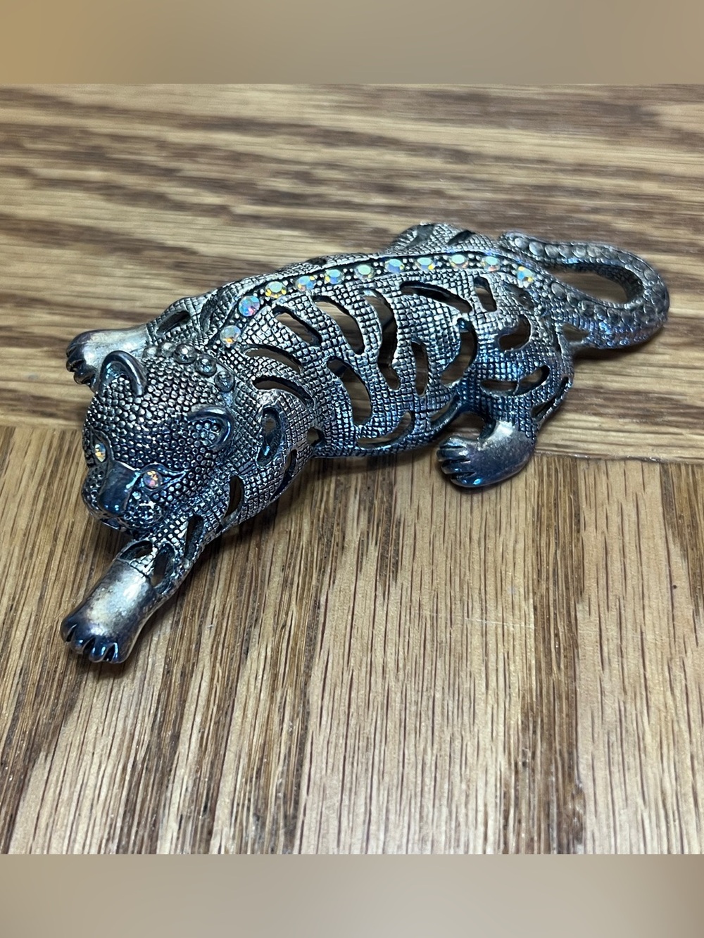 Vintage Tiger Big Cat AB Rhinestone Open Stripes Silver Tone Pin Brooch